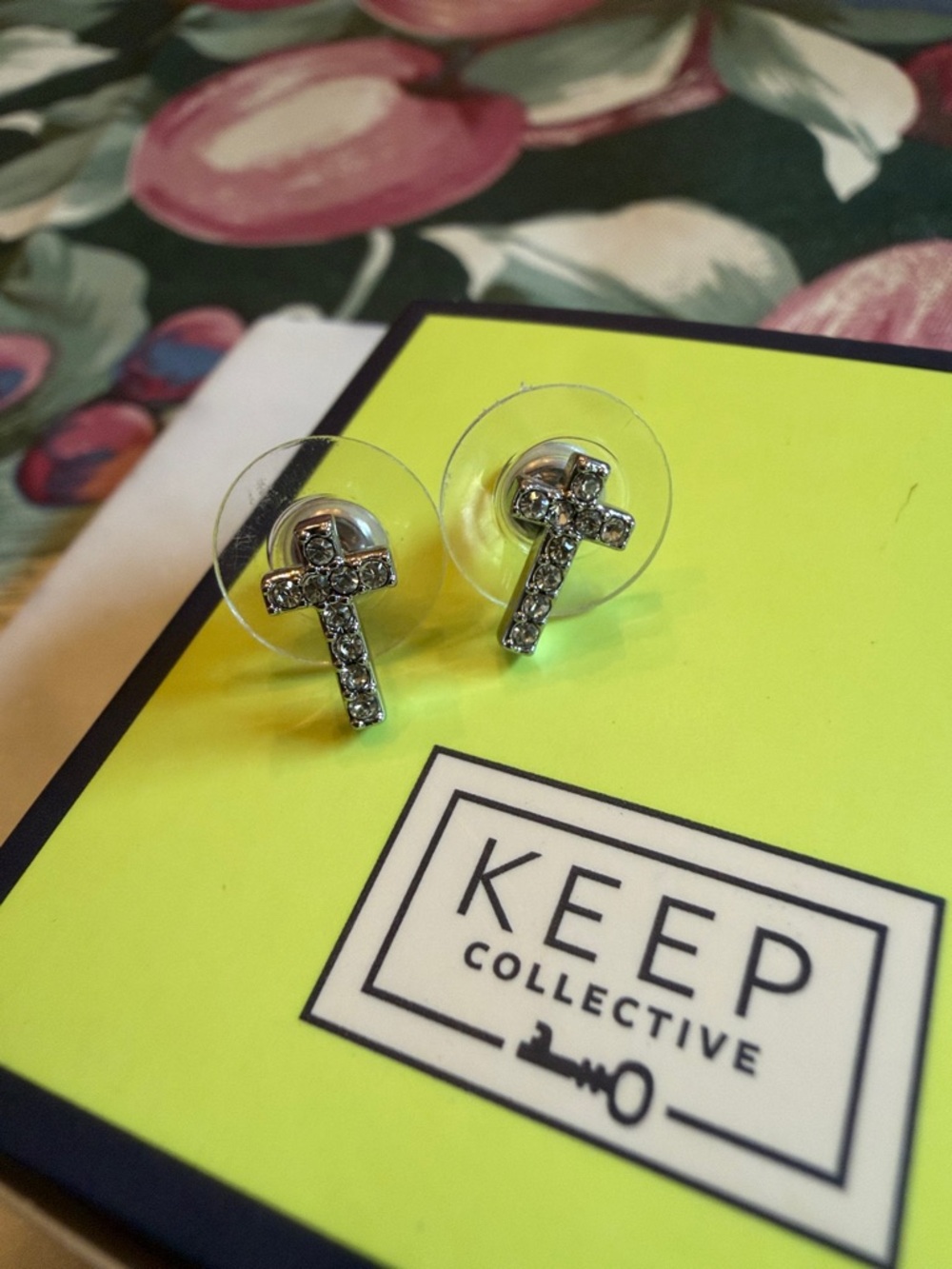 Keep Collective Silver Cross Stud Earrings with Clear Crystals - Silver